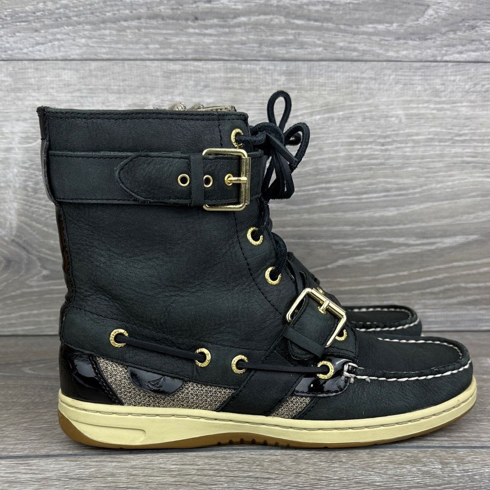 Sperry Top Sider Huntley Women’s Sz 5.5M Black Leather Gold Boat Deck Boots